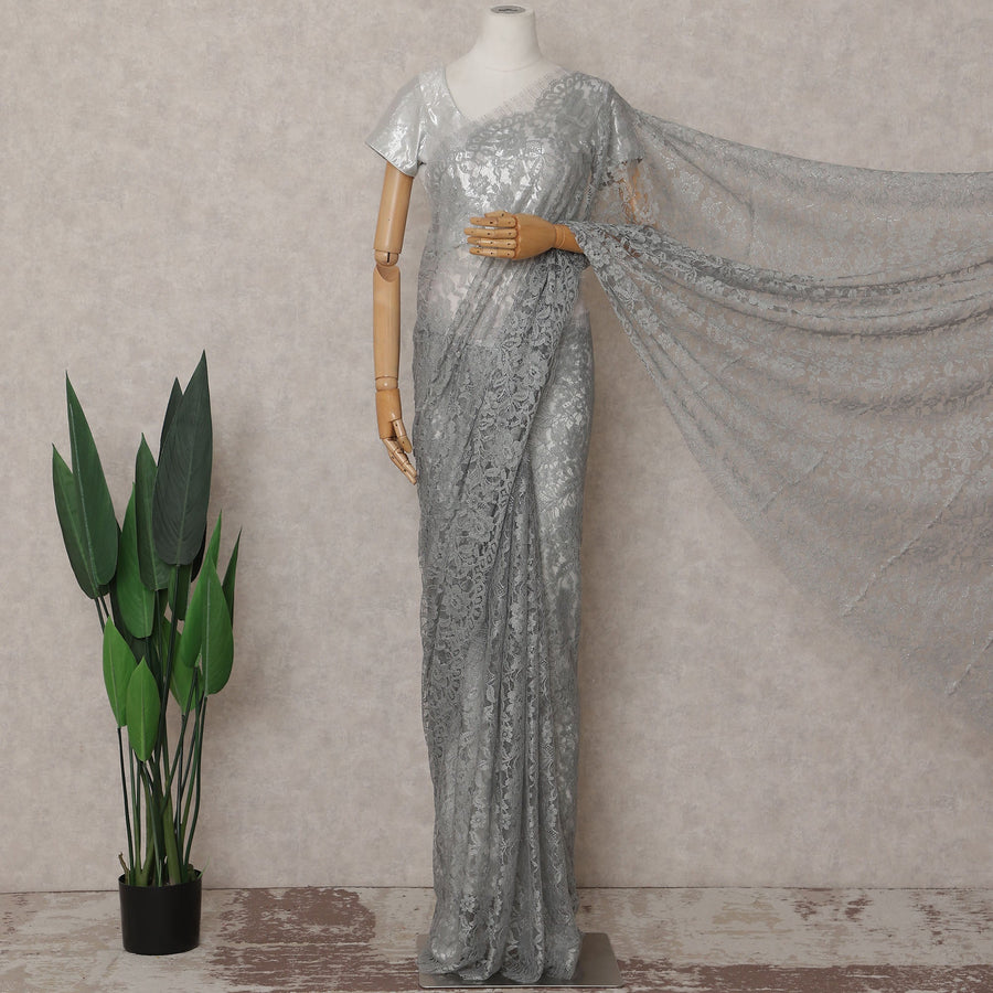 Silver Grey French Chantilly Lace Saree | Lurex