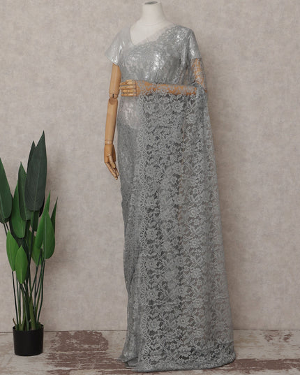 Silver Grey French Chantilly Lace Saree | Lurex