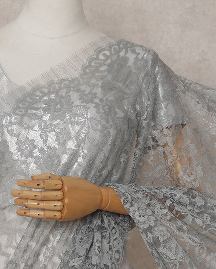 Silver Grey French Chantilly Lace Saree | Lurex