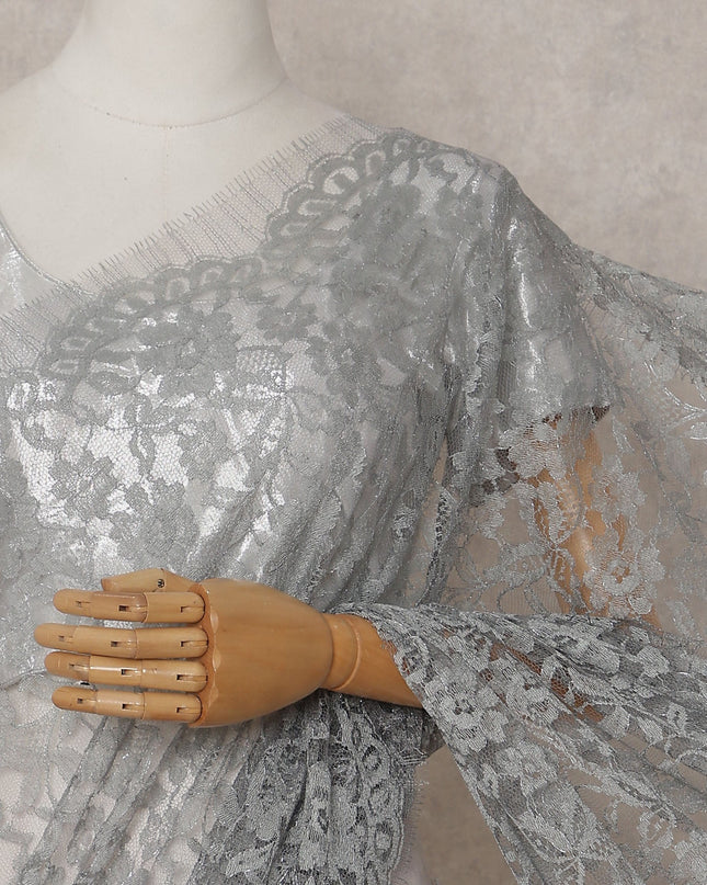 Silver Grey French Chantilly Lace Saree | Lurex