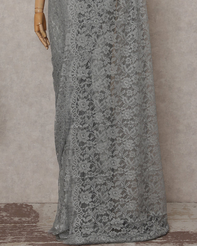Silver Grey French Chantilly Lace Saree | Lurex
