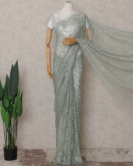 Sage Green French Chantilly Lace Saree | Lurex