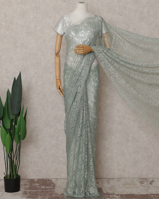 Sage Green French Chantilly Lace Saree | Lurex