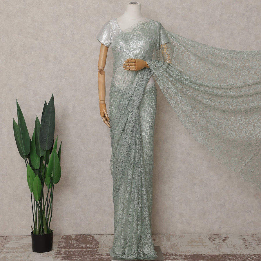 Sage Green French Chantilly Lace Saree | Lurex