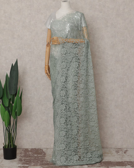 Sage Green French Chantilly Lace Saree | Lurex