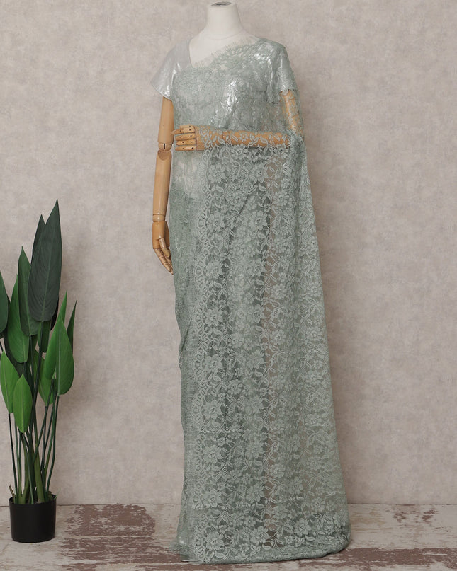 Sage Green French Chantilly Lace Saree | Lurex