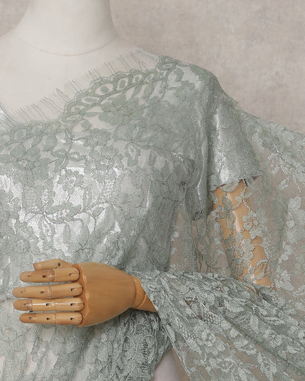 Sage Green French Chantilly Lace Saree | Lurex