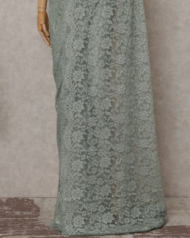 Sage Green French Chantilly Lace Saree | Lurex