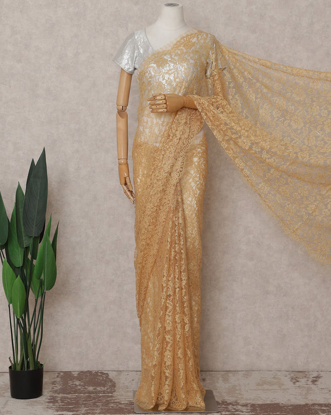 Antique Gold French Chantilly Lace Saree | Lurex