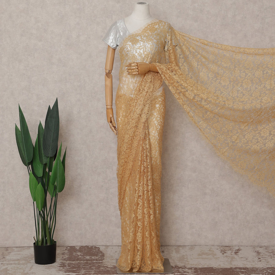Antique Gold French Chantilly Lace Saree | Lurex