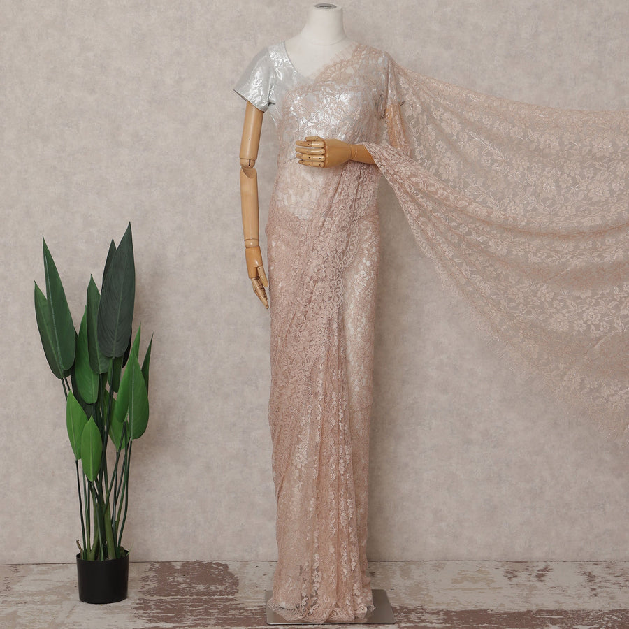 Blush Peach French Chantilly Lace Saree | Lurex