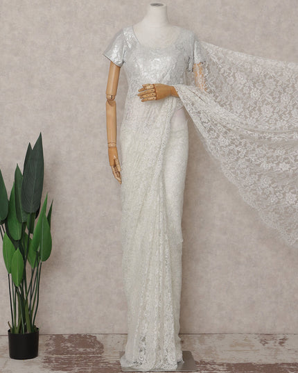 Ivory White French Chantilly Lace Saree | Lurex