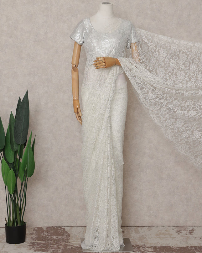 Ivory White French Chantilly Lace Saree | Lurex