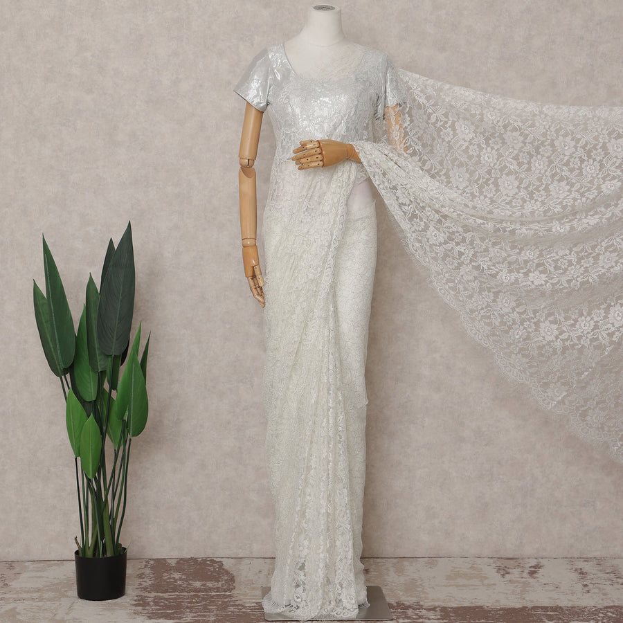 Ivory White French Chantilly Lace Saree | Lurex