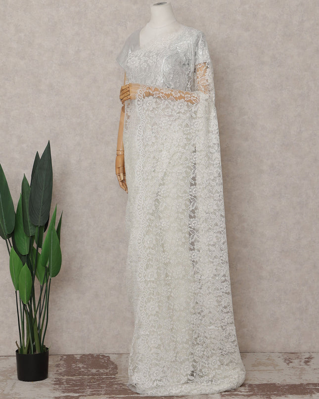 Ivory White French Chantilly Lace Saree | Lurex