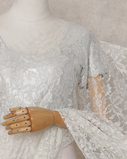 Ivory White French Chantilly Lace Saree | Lurex