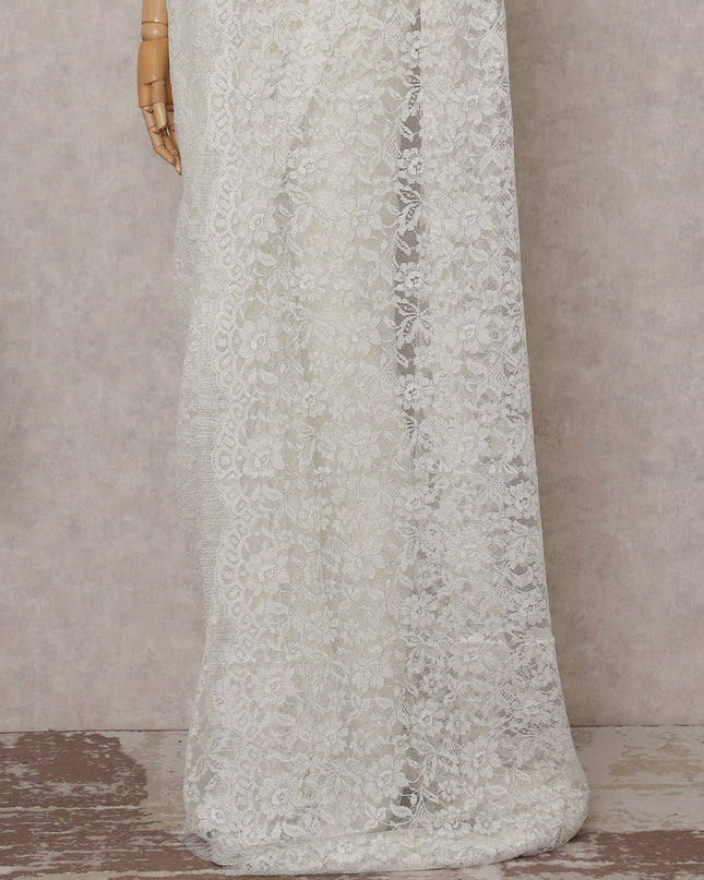 Ivory White French Chantilly Lace Saree | Lurex