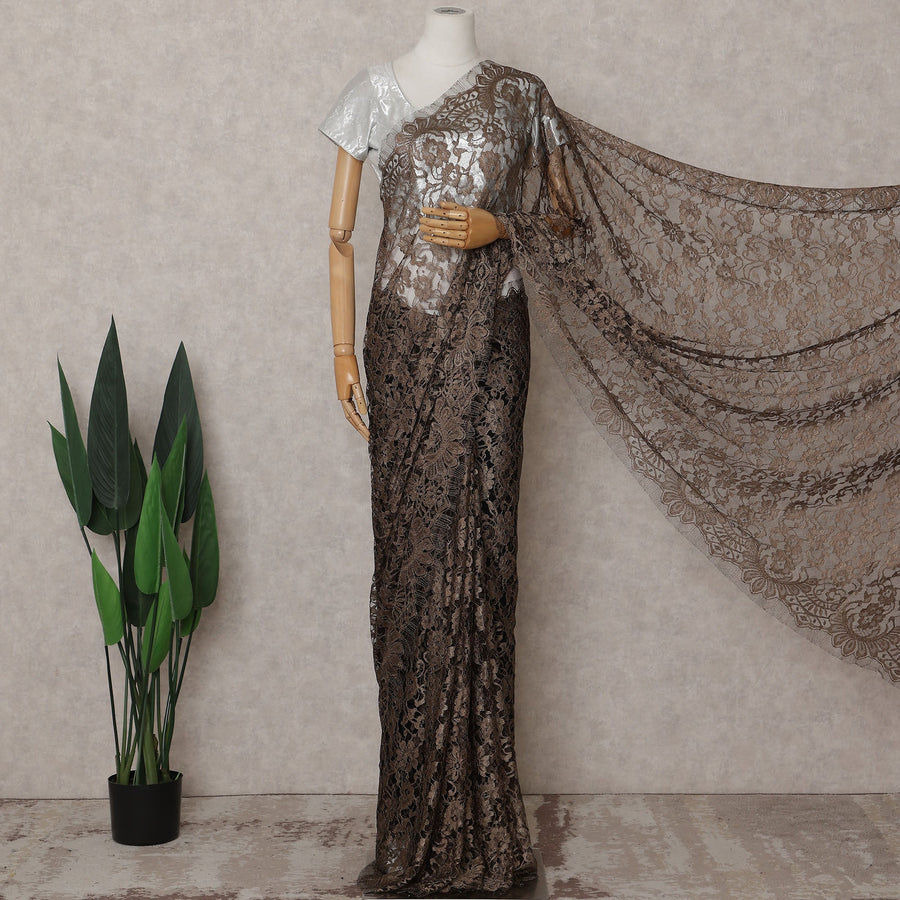 Copper Brown Chantilly Lace Saree - D31621