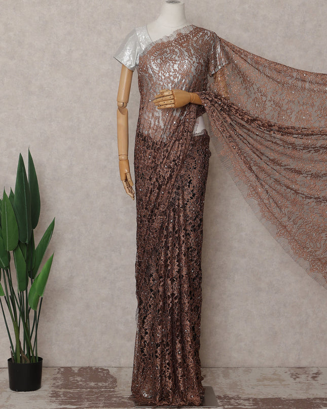 Mocha Brown Stone Work French Lace Saree