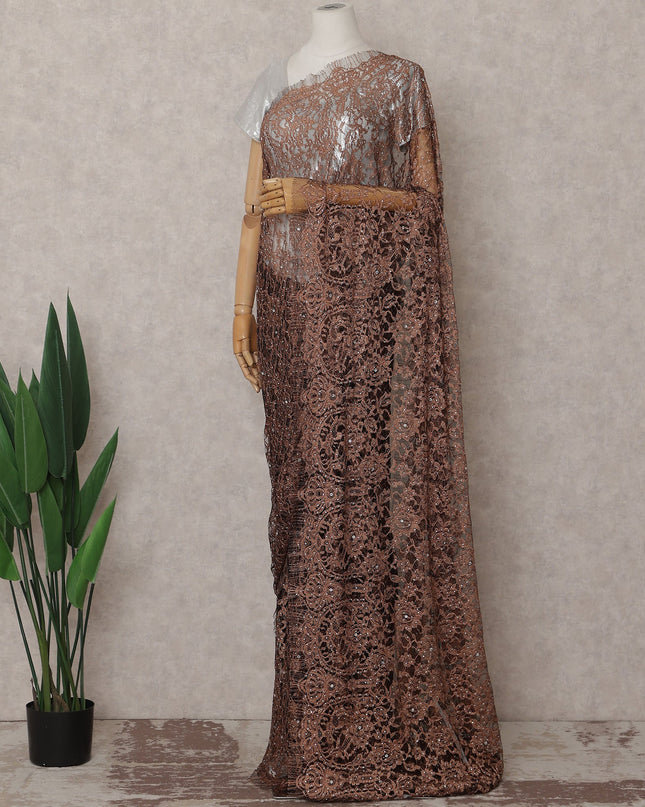 Mocha Brown Stone Work French Lace Saree