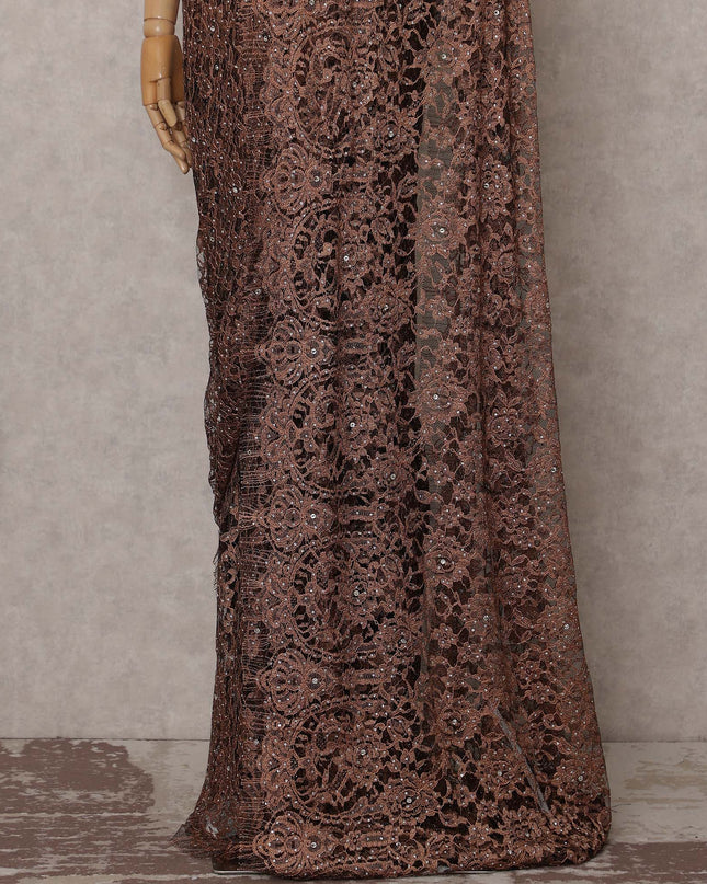 Mocha Brown Stone Work French Lace Saree