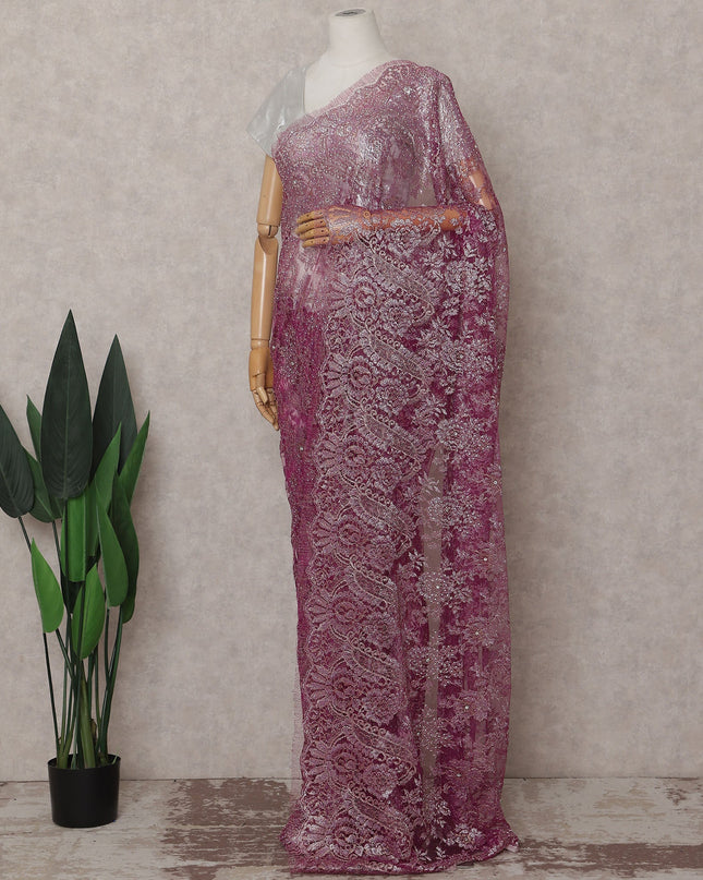 Orchid Fuchsia Pink French Chantilly Lace Saree