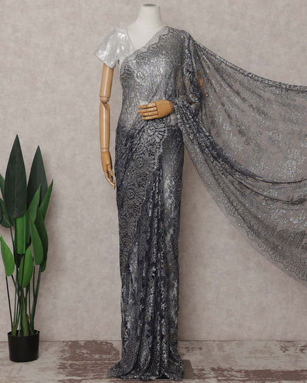 Charcoal Grey French Chantilly Lace Saree Piece