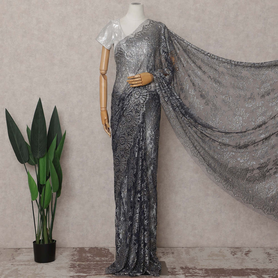 Charcoal Grey French Chantilly Lace Saree Piece