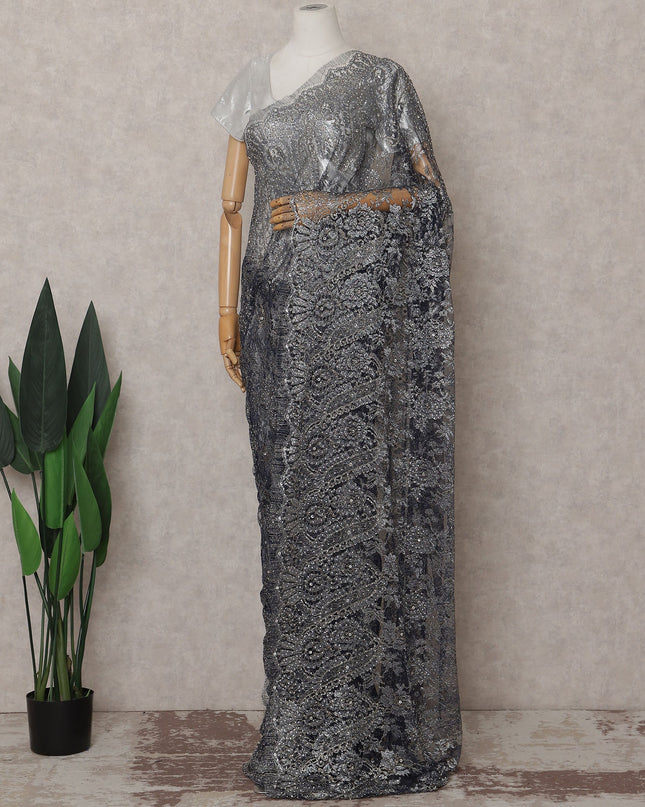 Charcoal Grey French Chantilly Lace Saree Piece