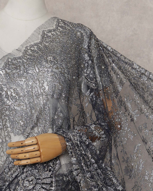 Charcoal Grey French Chantilly Lace Saree Piece