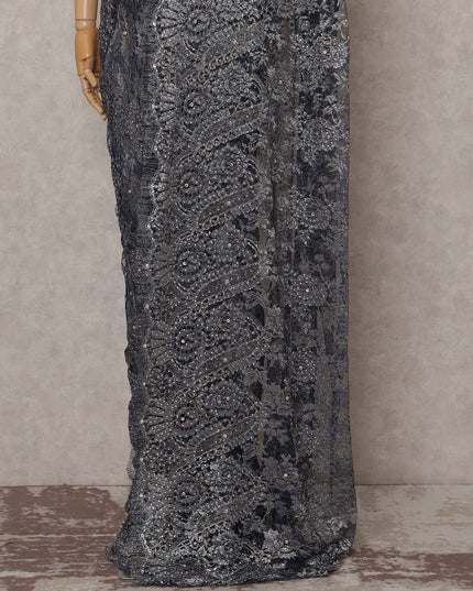 Charcoal Grey French Chantilly Lace Saree Piece