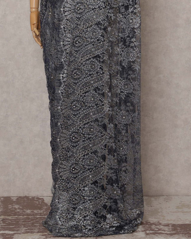 Charcoal Grey French Chantilly Lace Saree Piece