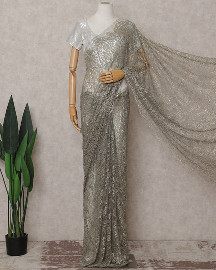 Gunmetal Grey French Chantilly Lace Saree Piece