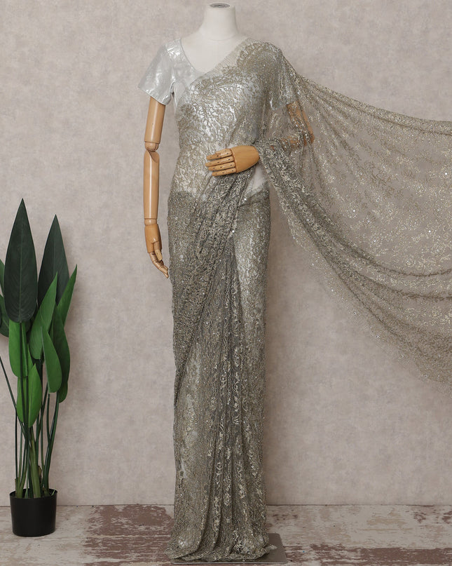 Gunmetal Grey French Chantilly Lace Saree Piece