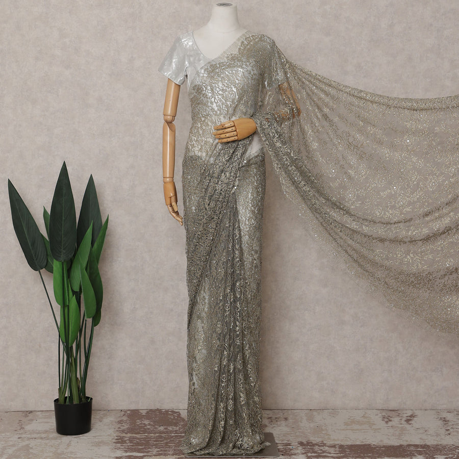 Gunmetal Grey French Chantilly Lace Saree Piece