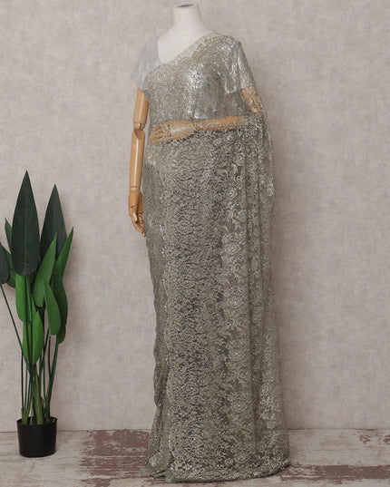 Gunmetal Grey French Chantilly Lace Saree Piece