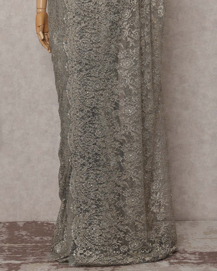 Gunmetal Grey French Chantilly Lace Saree Piece