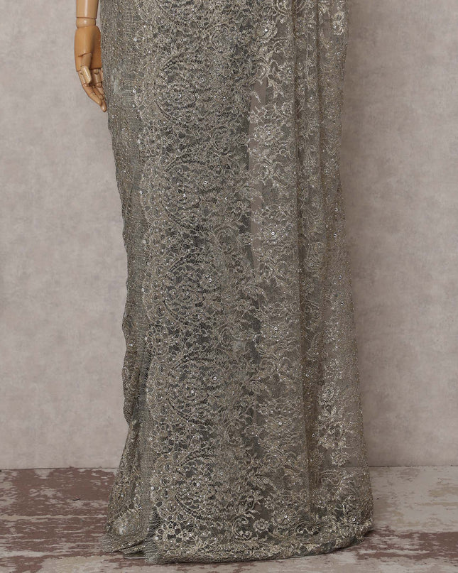 Gunmetal Grey French Chantilly Lace Saree Piece