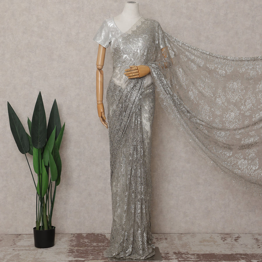 Moonlight Silver French Chantilly Lace Saree