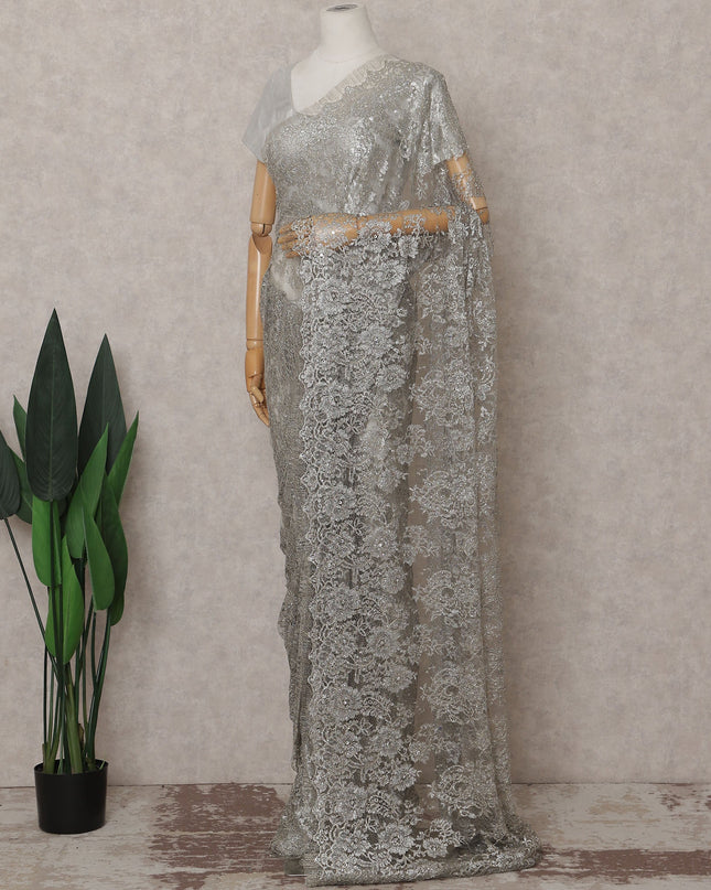 Moonlight Silver French Chantilly Lace Saree
