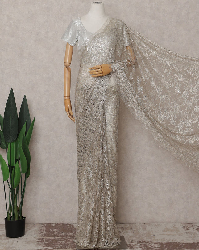 Mocha Taupe French Chantilly Lace Saree Piece