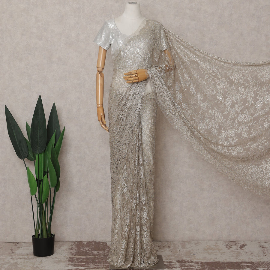 Mocha Taupe French Chantilly Lace Saree Piece