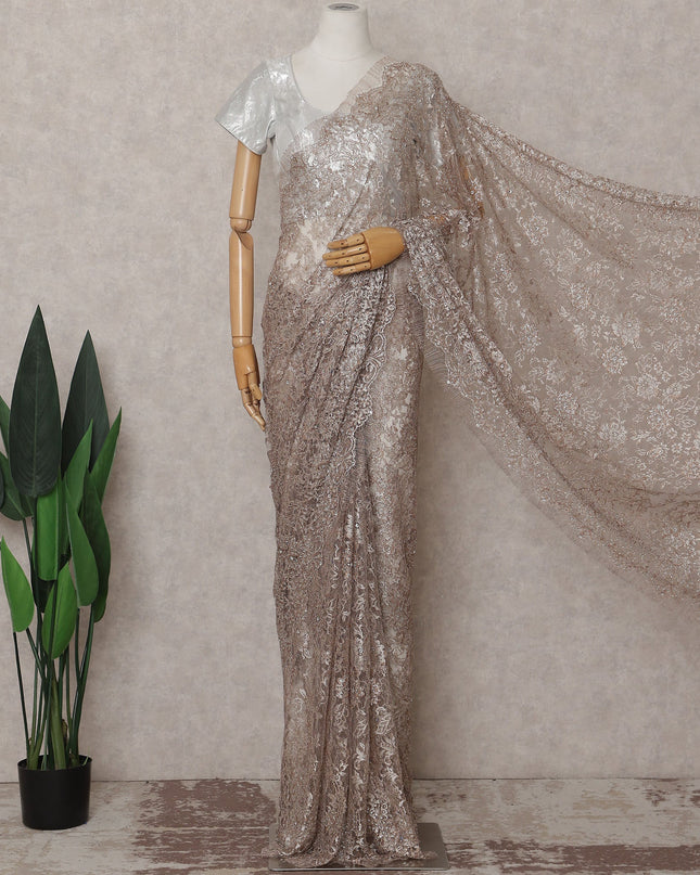 Oat Beige French Chantilly Lace Saree Piece