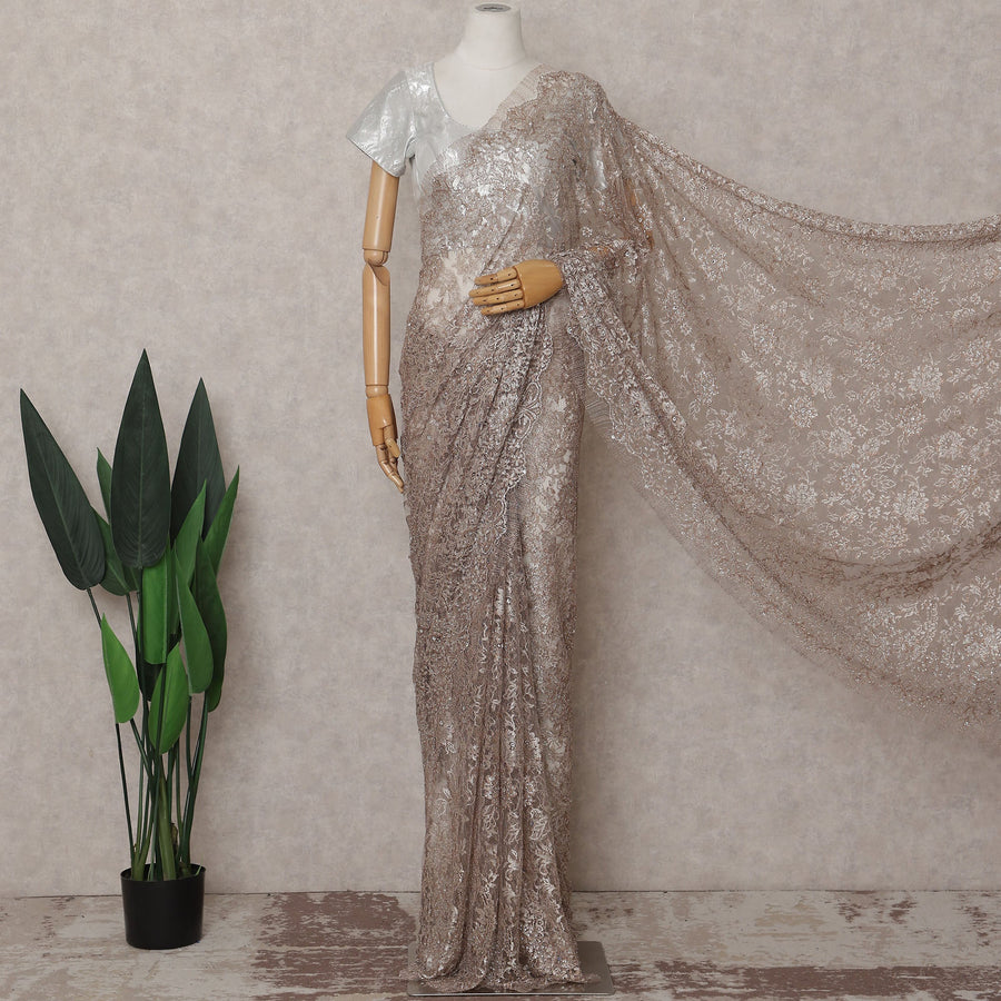 Oat Beige French Chantilly Lace Saree Piece
