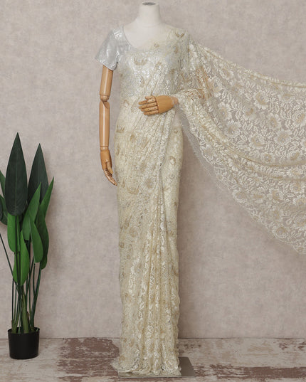 Ivory White French Chantilly Lace Saree Piece