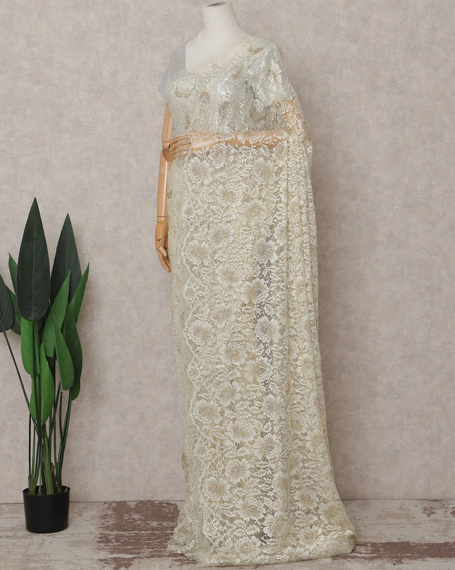 Ivory White French Chantilly Lace Saree Piece