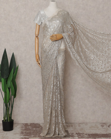 Slate Grey French Chantilly Lace Saree Piece