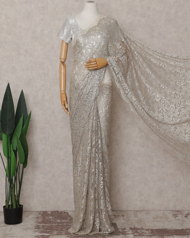 Slate Grey French Chantilly Lace Saree Piece