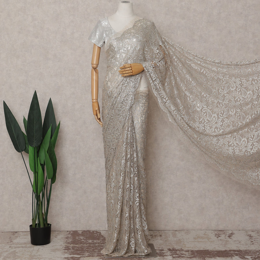 Slate Grey French Chantilly Lace Saree Piece