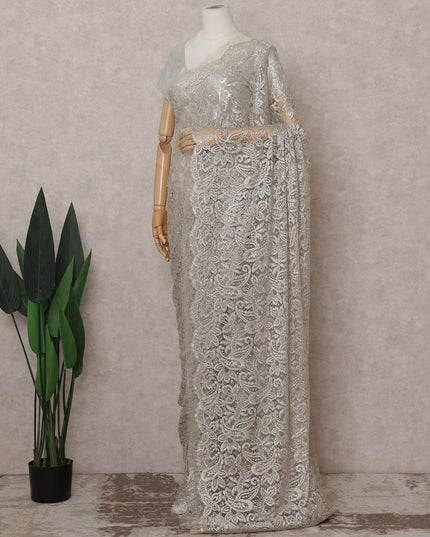 Slate Grey French Chantilly Lace Saree Piece
